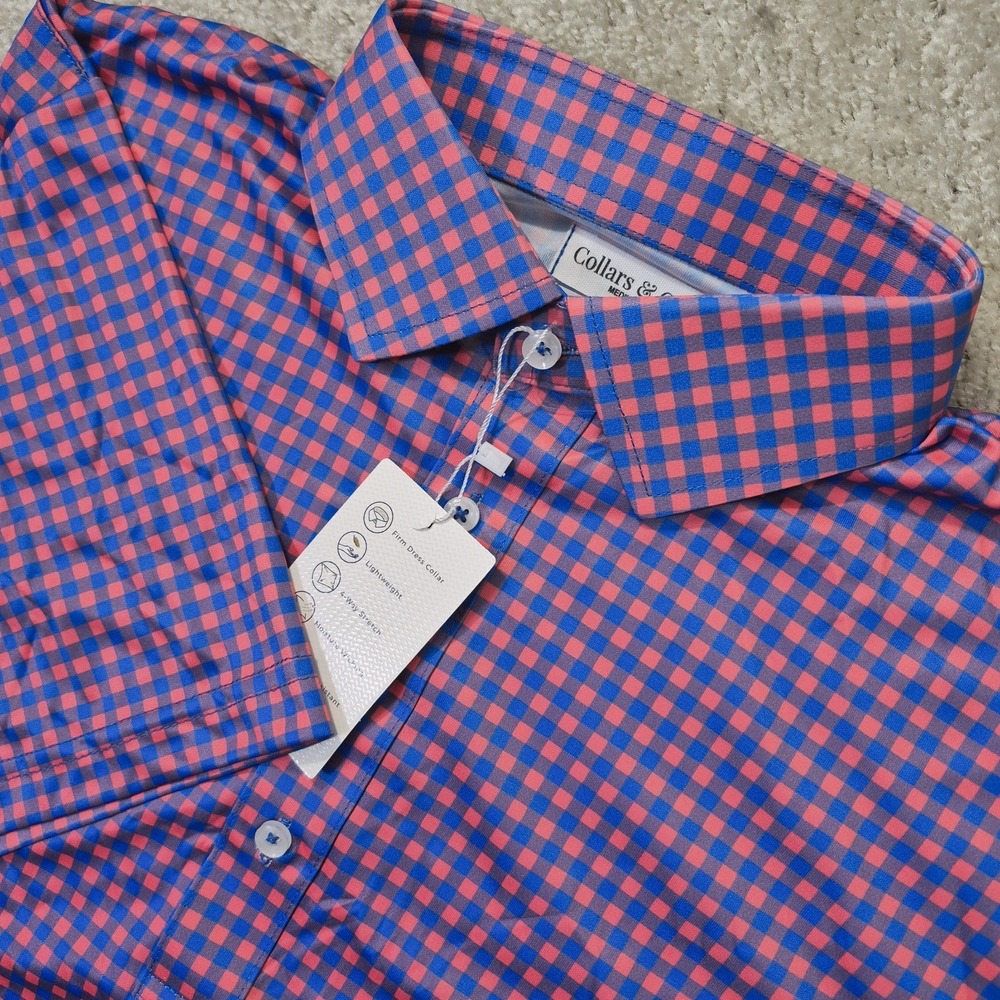 Collars & Co Shirt Mens Medium Blue Check Button Up Performance Preppy Golf